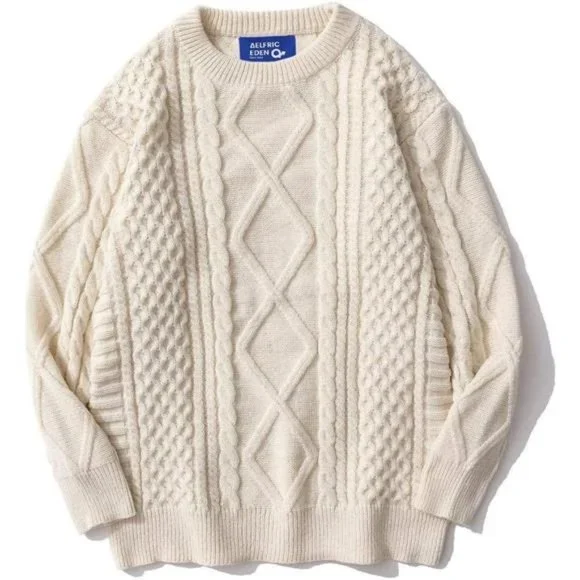 Cable Knit Sweater Women Chunky Sweater Woven Crewneck Knitted Pullover  White